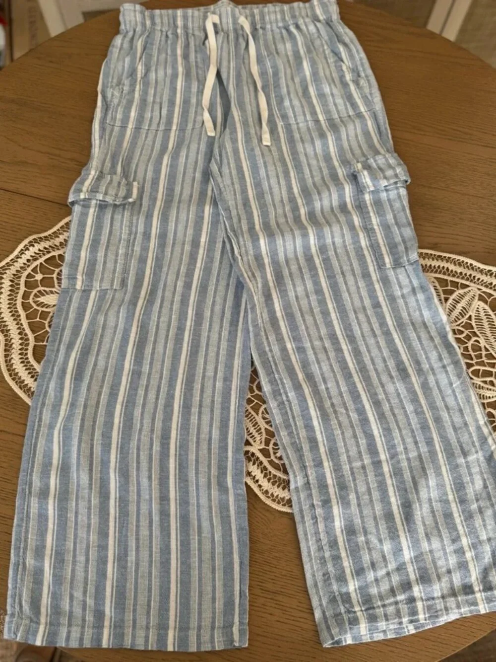 Roxy Linen Blend Striped Wide Leg Drawstring Pants Blue White M Boho Coastal - Picture 6 of 6